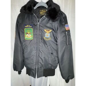 Vintage Timber King US Air Force Bomber Jacket Patches Faux Fur Collar XS